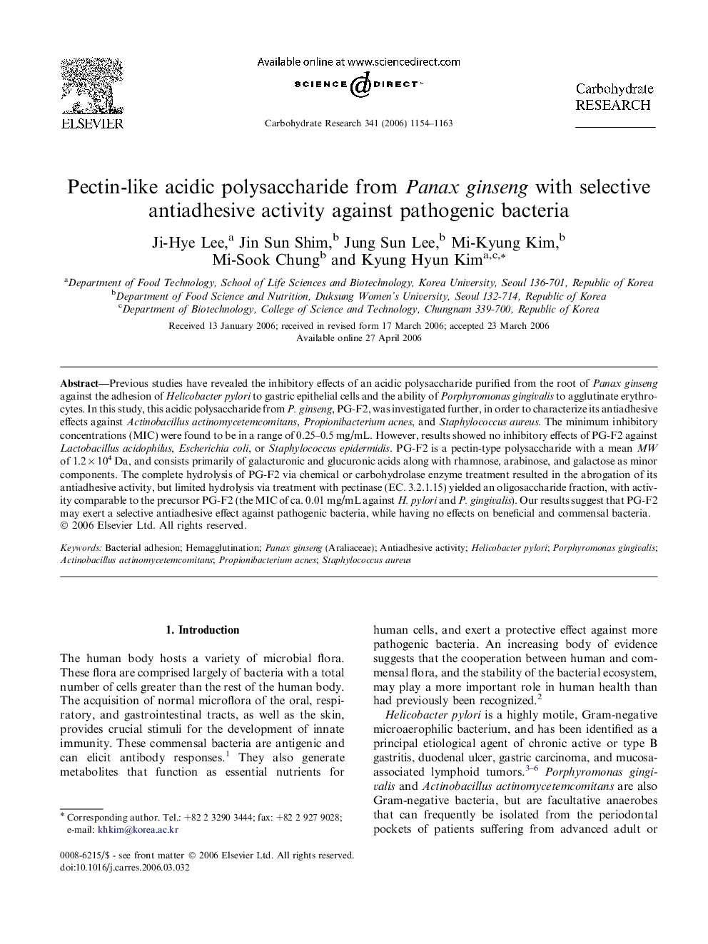 Pectin-like acidic polysaccharide from Panax ginseng with selective antiadhesive activity against pathogenic bacteria