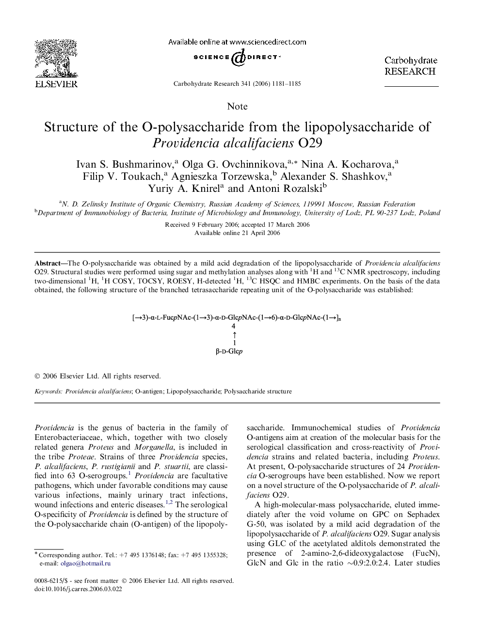 Structure of the O-polysaccharide from the lipopolysaccharide of Providencia alcalifaciens O29