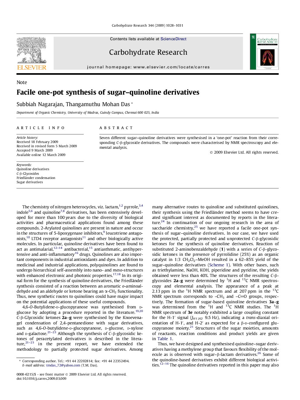 Facile one-pot synthesis of sugar–quinoline derivatives