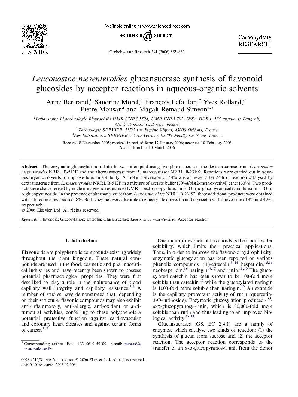 Leuconostoc mesenteroides glucansucrase synthesis of flavonoid glucosides by acceptor reactions in aqueous-organic solvents