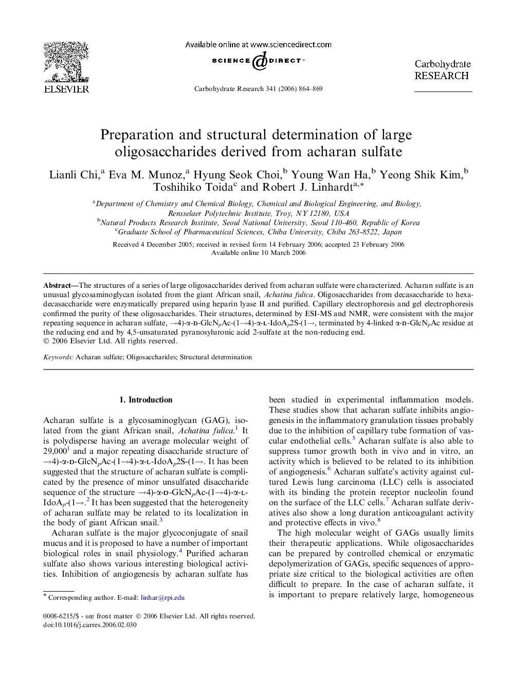 Preparation and structural determination of large oligosaccharides derived from acharan sulfate