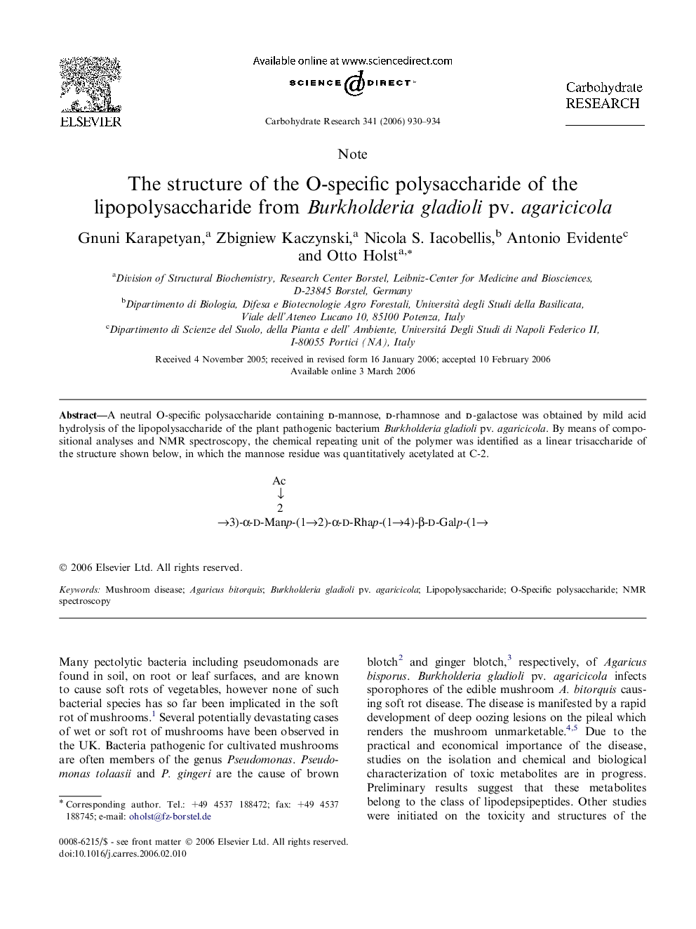 The structure of the O-specific polysaccharide of the lipopolysaccharide from Burkholderia gladioli pv. agaricicola