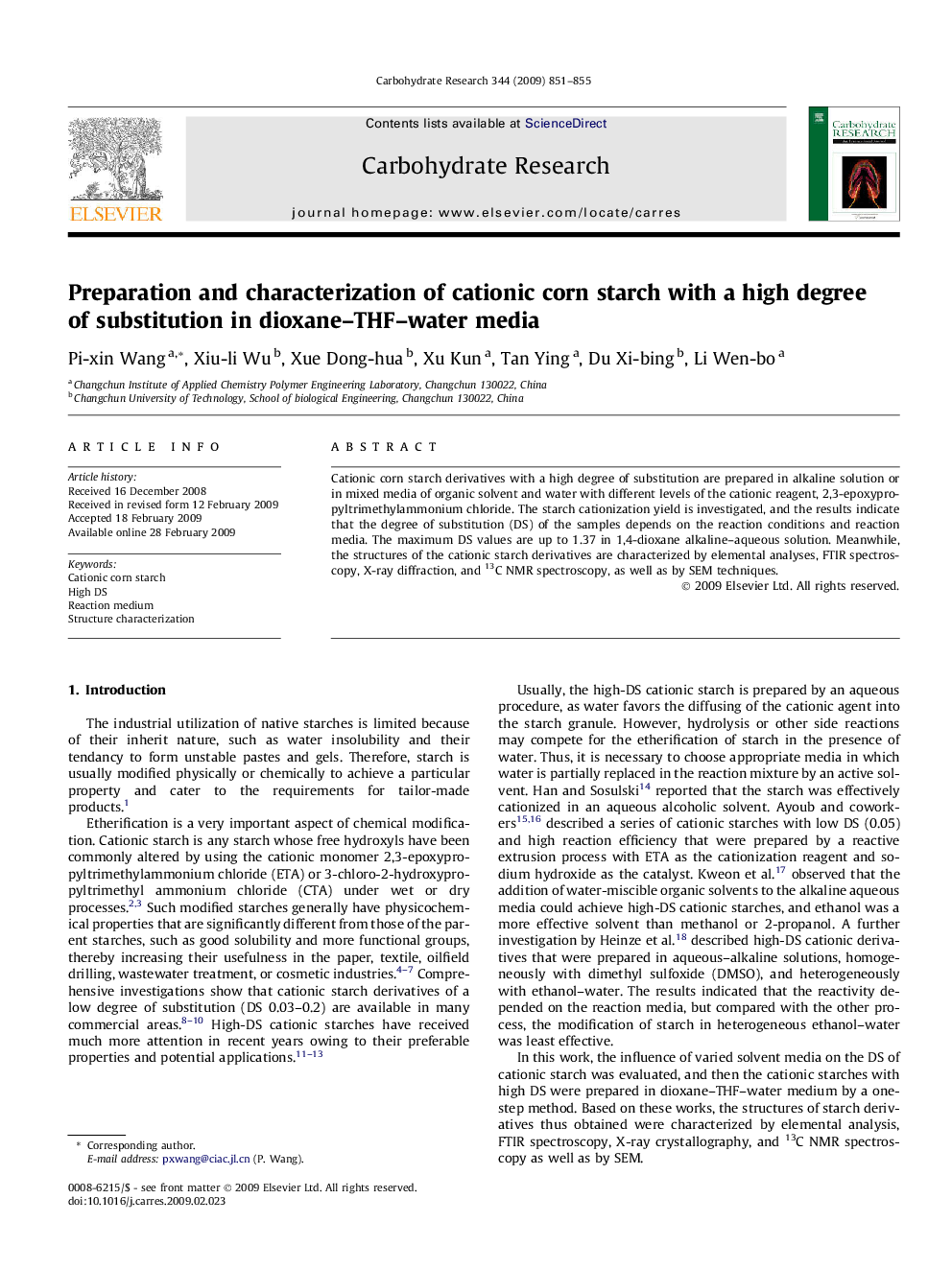 Preparation and characterization of cationic corn starch with a high degree of substitution in dioxane–THF–water media