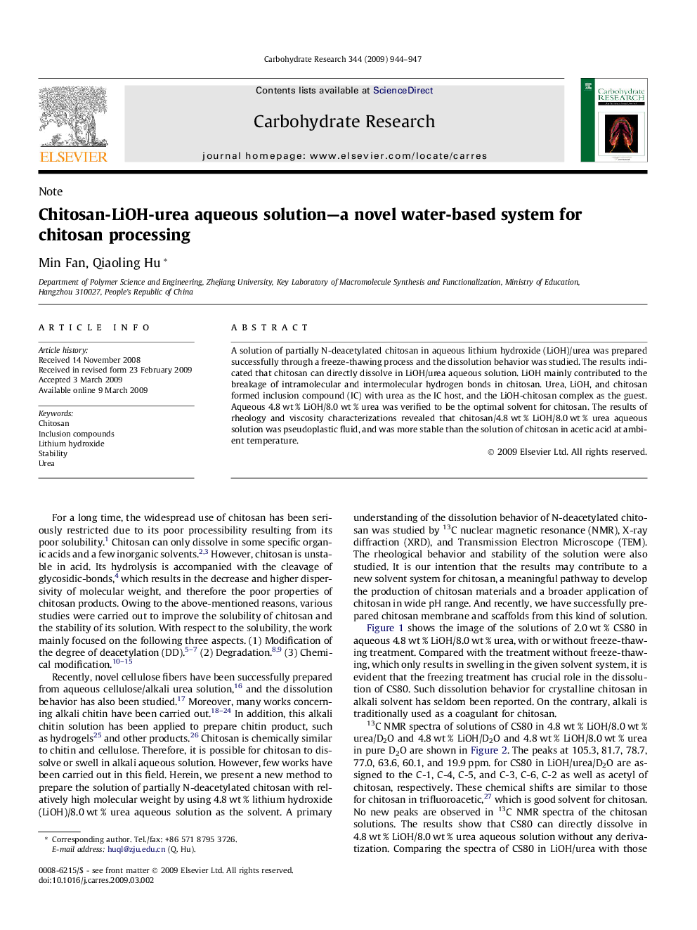 Chitosan-LiOH-urea aqueous solution—a novel water-based system for chitosan processing