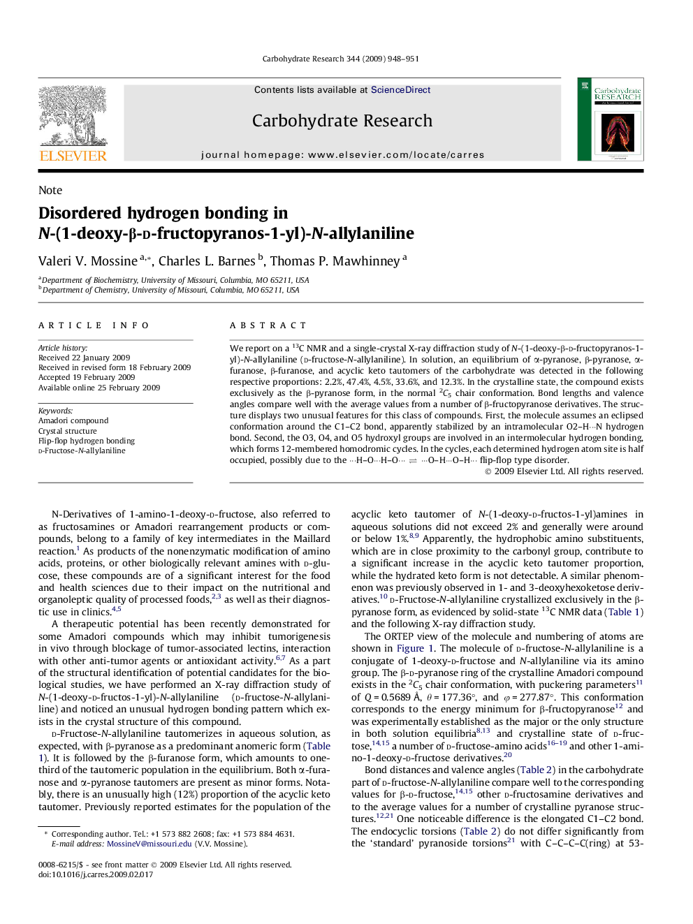 Disordered hydrogen bonding in N-(1-deoxy-β-d-fructopyranos-1-yl)-N-allylaniline