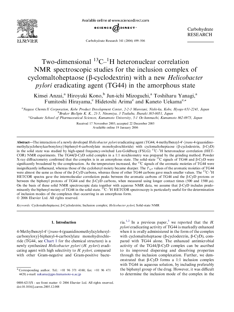 Two-dimensional 13C–1H heteronuclear correlation NMR spectroscopic studies for the inclusion complex of cyclomaltoheptaose (β-cyclodextrin) with a new Helicobacter pylori eradicating agent (TG44) in the amorphous state