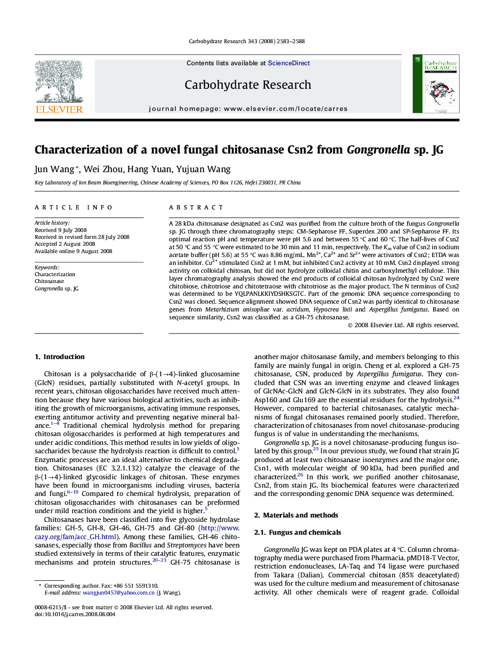 Characterization of a novel fungal chitosanase Csn2 from Gongronella sp. JG