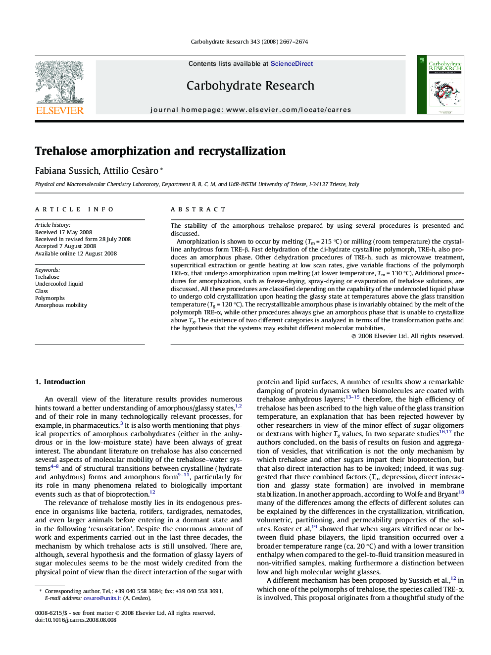 Trehalose amorphization and recrystallization