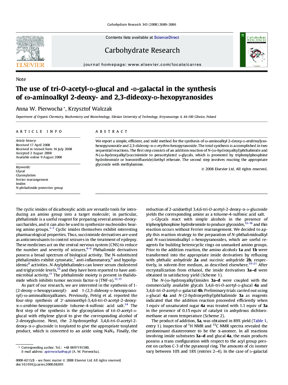 The use of tri-O-acetyl-d-glucal and -d-galactal in the synthesis of ω-aminoalkyl 2-deoxy- and 2,3-dideoxy-d-hexopyranosides