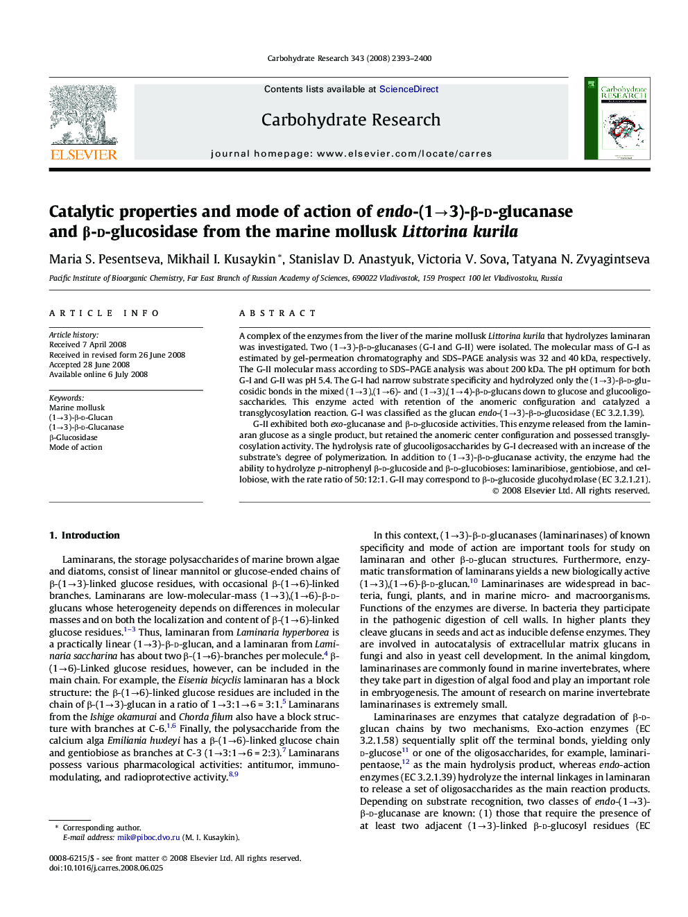 Catalytic properties and mode of action of endo-(1→3)-β-d-glucanase and β-d-glucosidase from the marine mollusk Littorina kurila