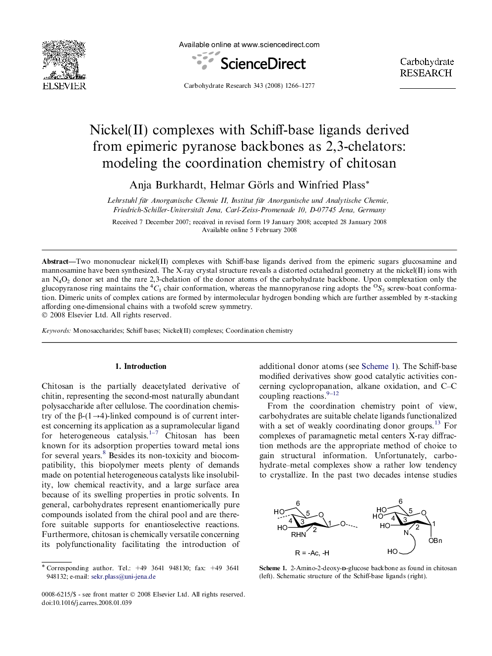 Nickel(II) complexes with Schiff-base ligands derived from epimeric pyranose backbones as 2,3-chelators: modeling the coordination chemistry of chitosan