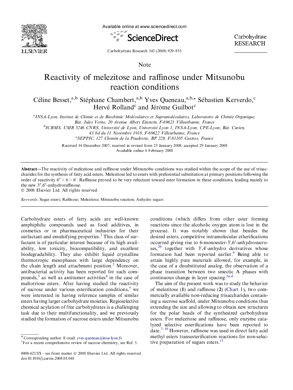 Reactivity of melezitose and raffinose under Mitsunobu reaction conditions