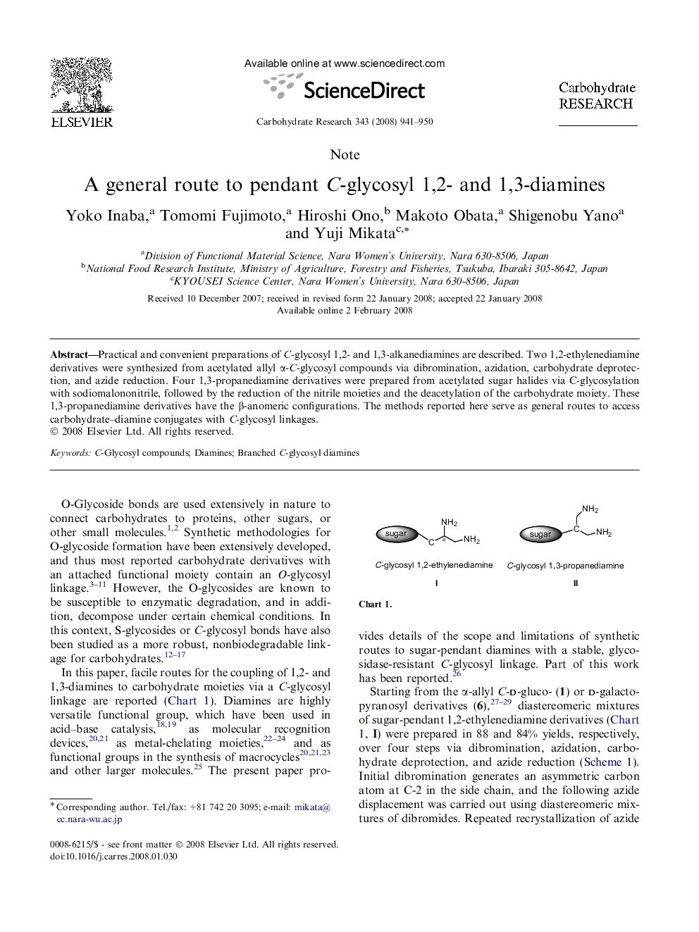 A general route to pendant C-glycosyl 1,2- and 1,3-diamines