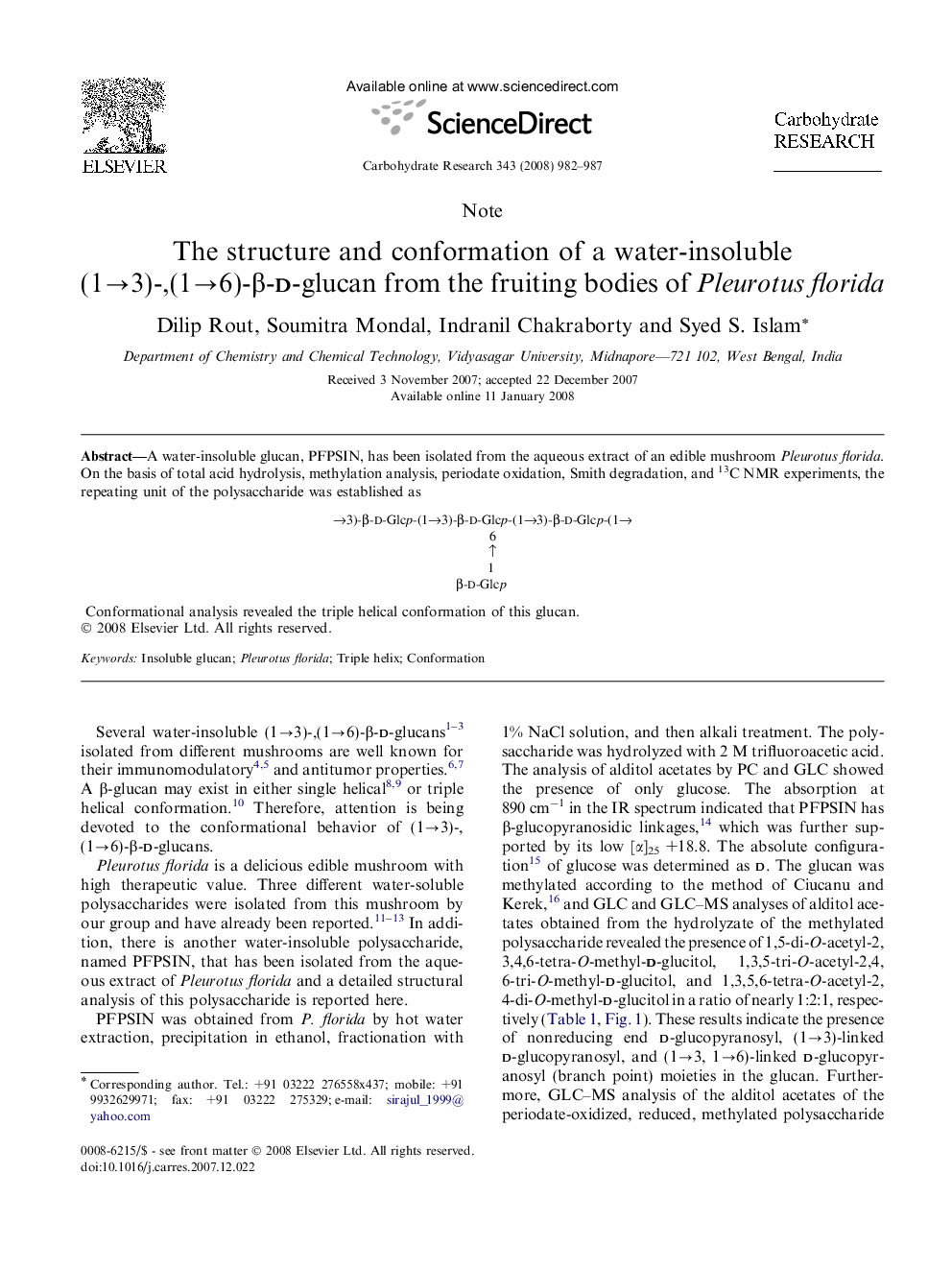 The structure and conformation of a water-insoluble (1→3)-,(1→6)-β-d-glucan from the fruiting bodies of Pleurotus florida