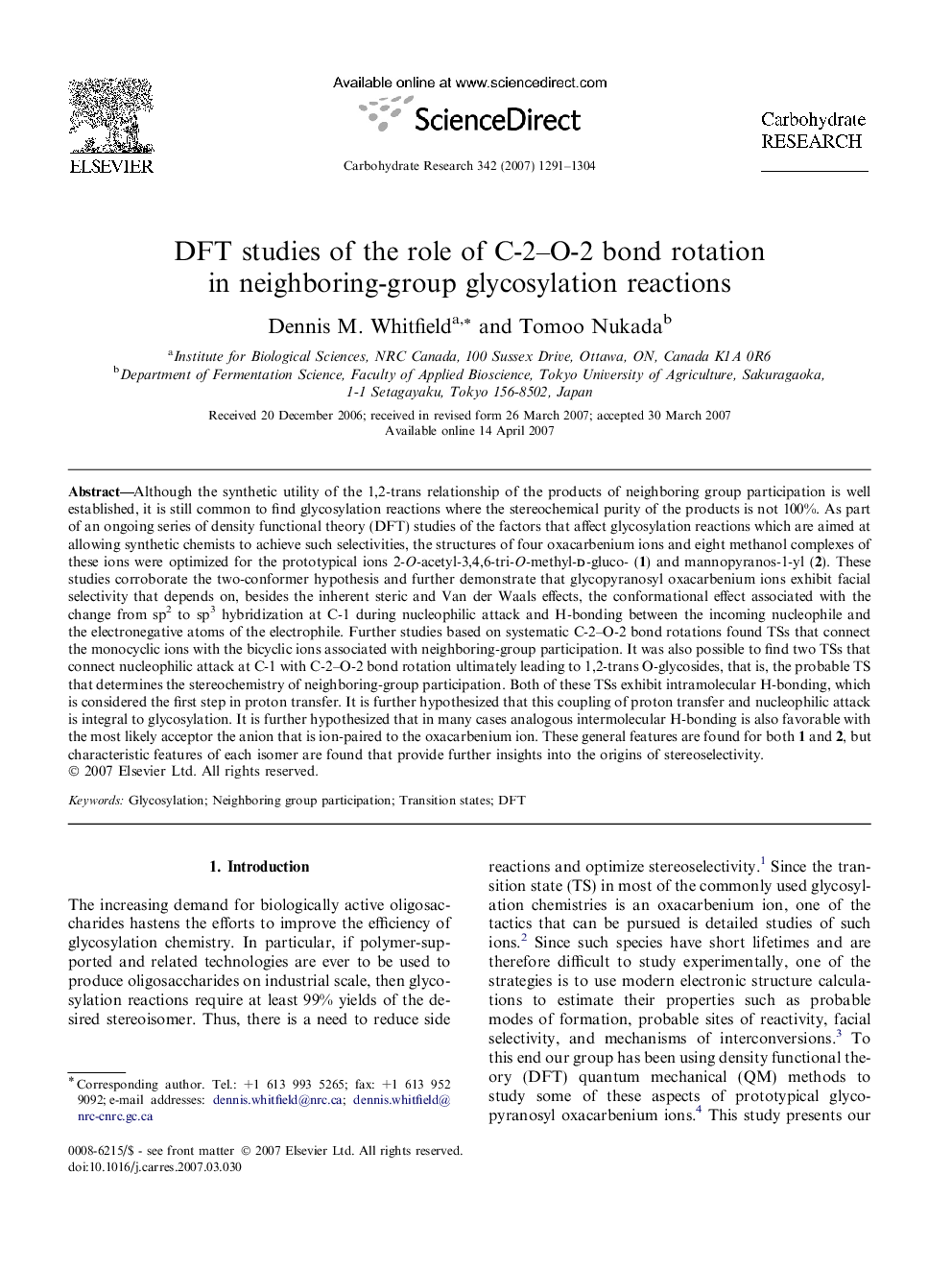 DFT studies of the role of C-2–O-2 bond rotation in neighboring-group glycosylation reactions