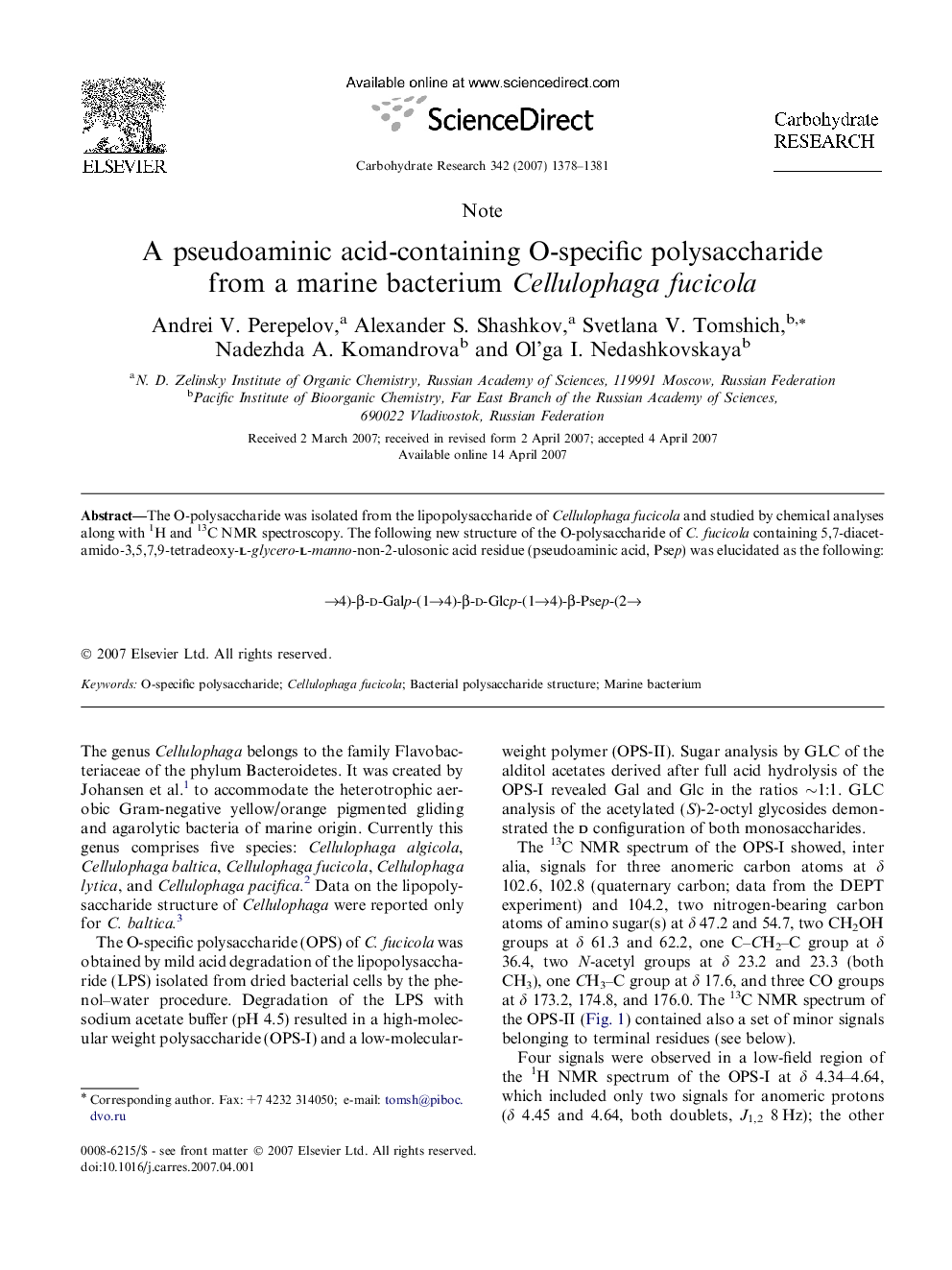 A pseudoaminic acid-containing O-specific polysaccharide from a marine bacterium Cellulophaga fucicola