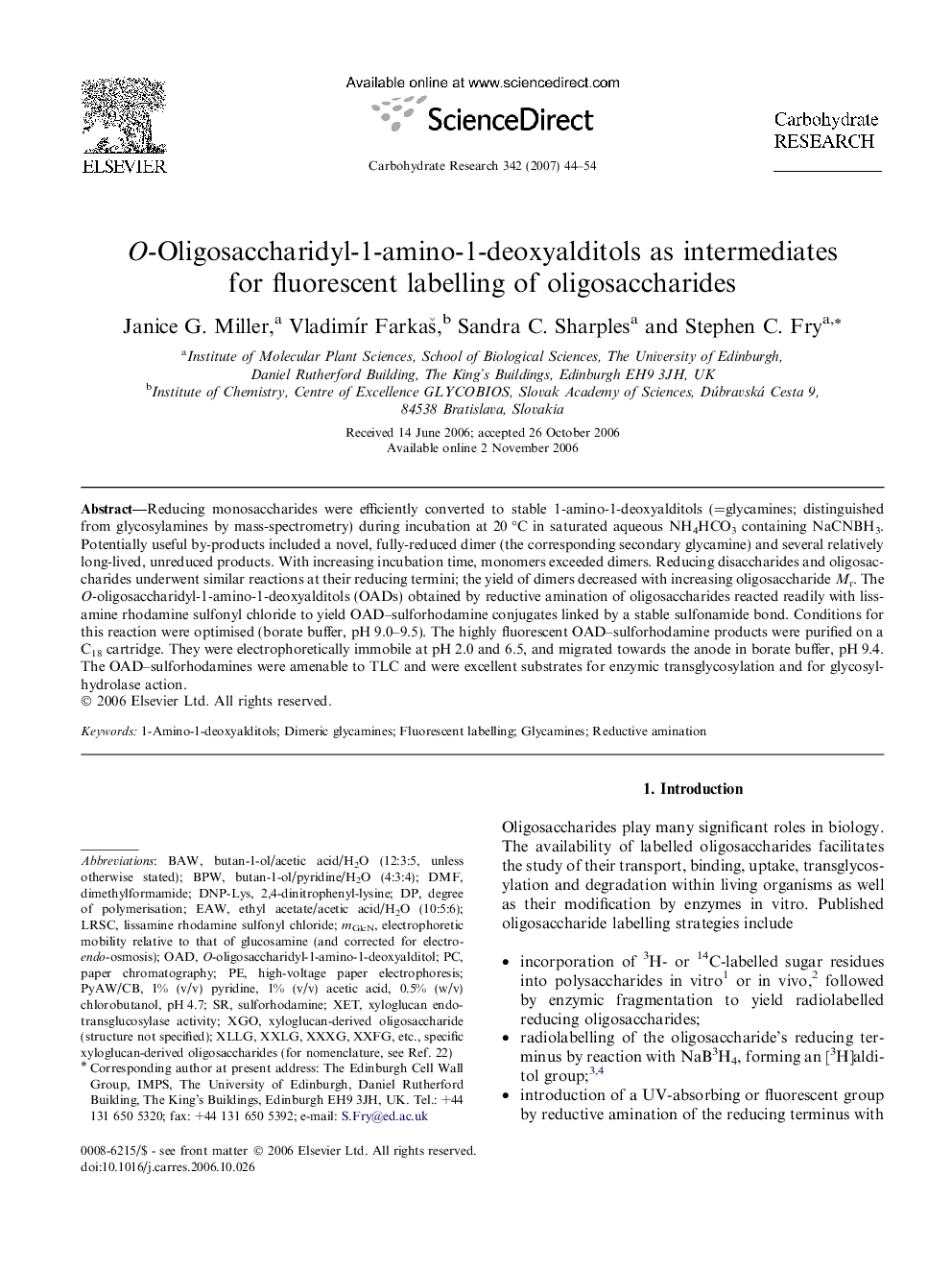 O-Oligosaccharidyl-1-amino-1-deoxyalditols as intermediates for fluorescent labelling of oligosaccharides