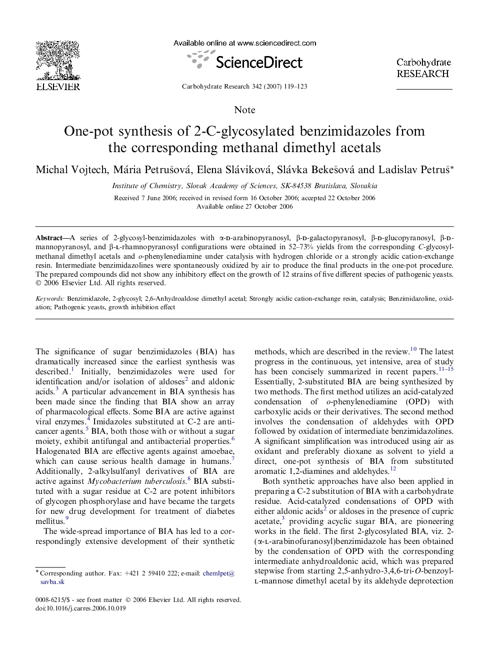 One-pot synthesis of 2-C-glycosylated benzimidazoles from the corresponding methanal dimethyl acetals