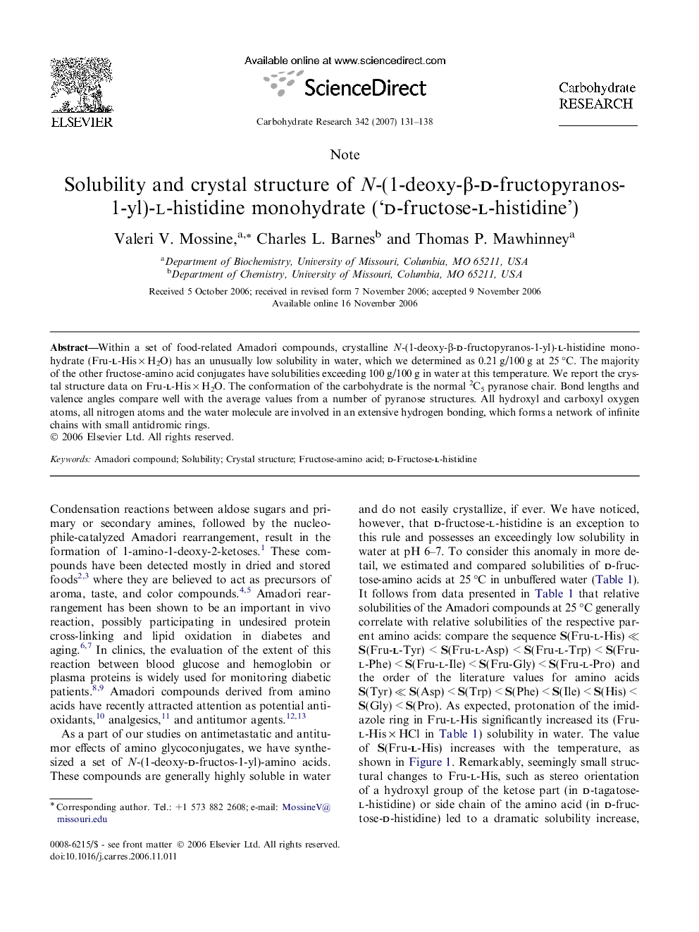 Solubility and crystal structure of N-(1-deoxy-β-d-fructopyranos-1-yl)-l-histidine monohydrate (‘d-fructose-l-histidine’)