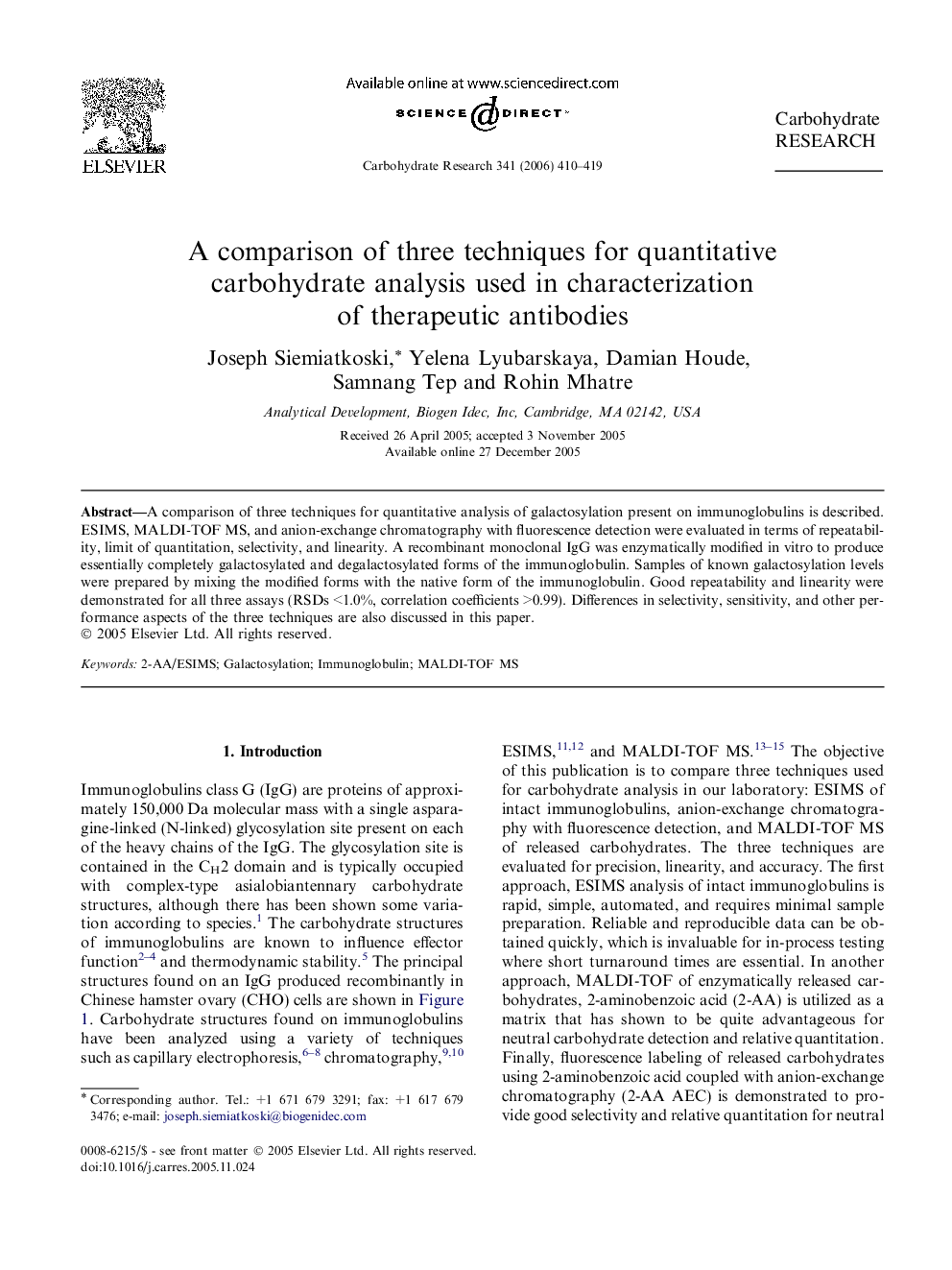A comparison of three techniques for quantitative carbohydrate analysis used in characterization of therapeutic antibodies