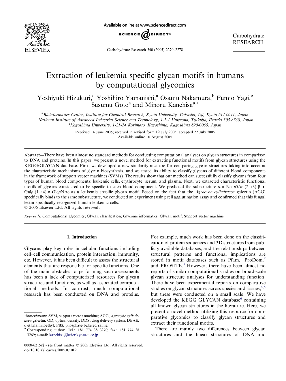 Extraction of leukemia specific glycan motifs in humans by computational glycomics