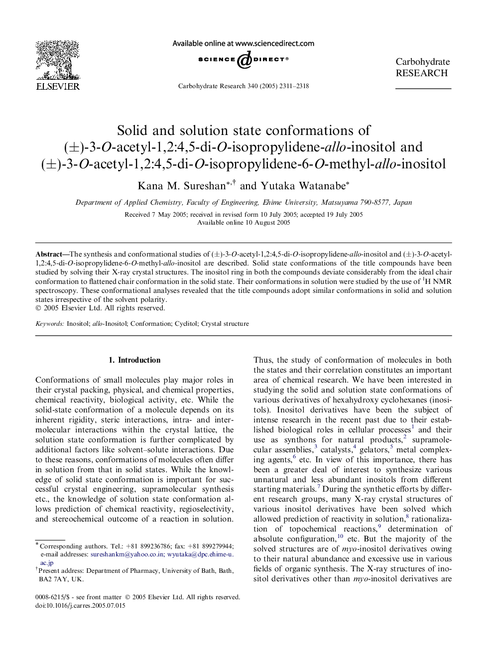 Solid and solution state conformations of (±)-3-O-acetyl-1,2:4,5-di-O-isopropylidene-allo-inositol and (±)-3-O-acetyl-1,2:4,5-di-O-isopropylidene-6-O-methyl-allo-inositol