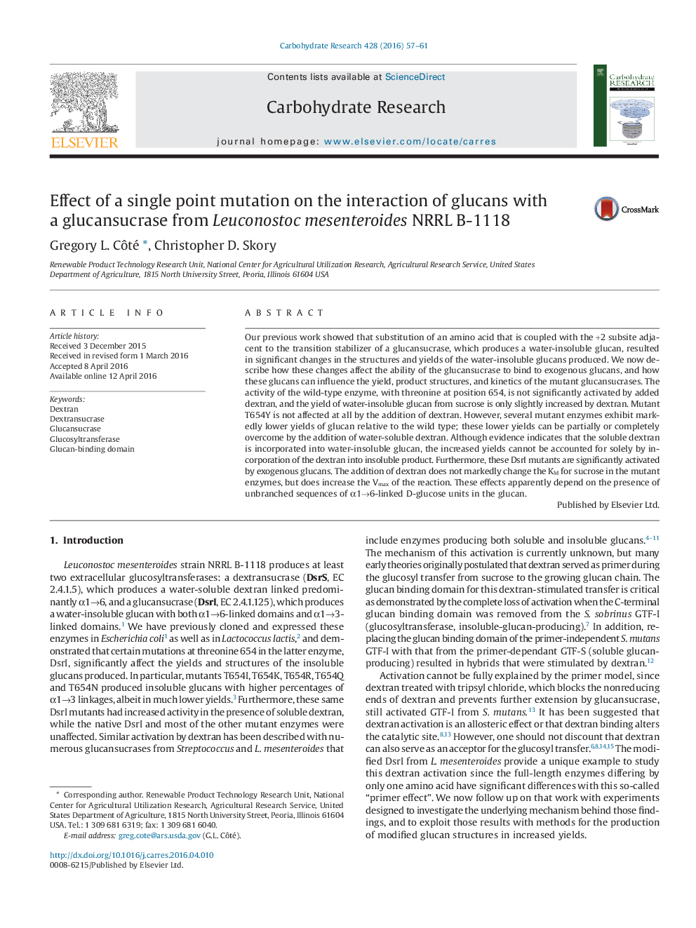 Effect of a single point mutation on the interaction of glucans with a glucansucrase from Leuconostoc mesenteroides NRRL B-1118