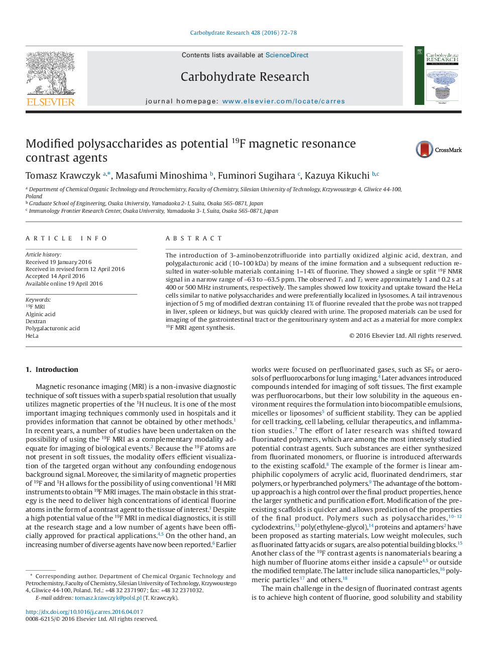 Modified polysaccharides as potential 19F magnetic resonance contrast agents