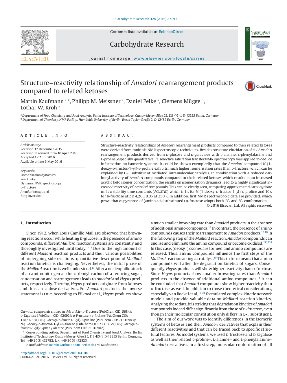 Structure–reactivity relationship of Amadori rearrangement products compared to related ketoses