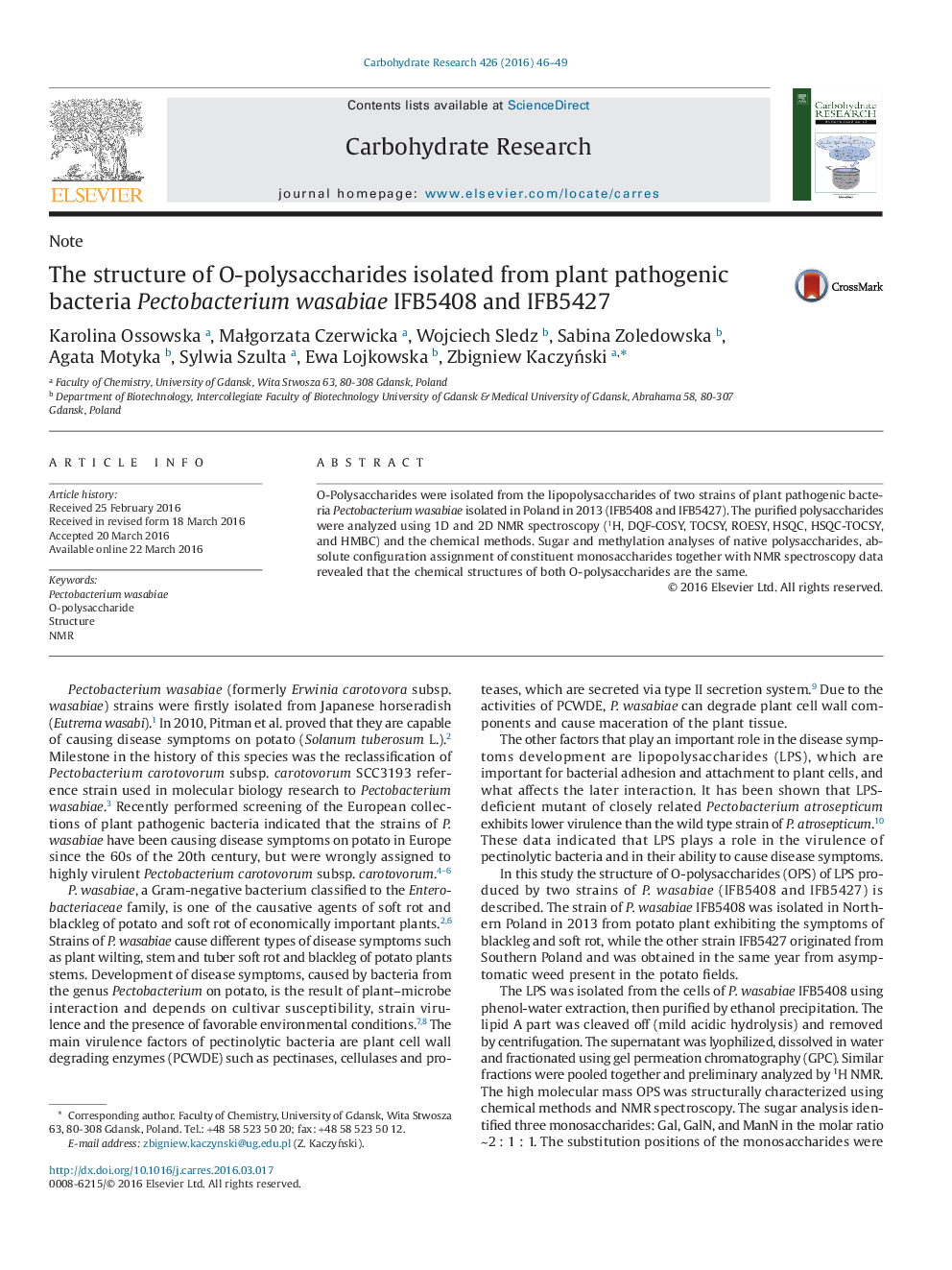 The structure of O-polysaccharides isolated from plant pathogenic bacteria Pectobacterium wasabiae IFB5408 and IFB5427