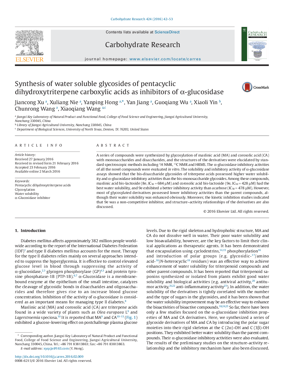 Synthesis of water soluble glycosides of pentacyclic dihydroxytriterpene carboxylic acids as inhibitors of Î±-glucosidase