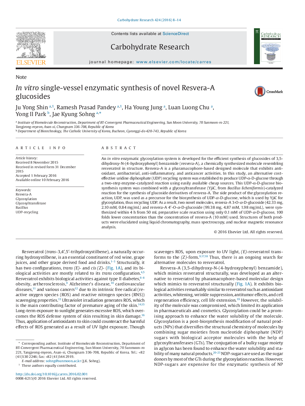 In vitro single-vessel enzymatic synthesis of novel Resvera-A glucosides