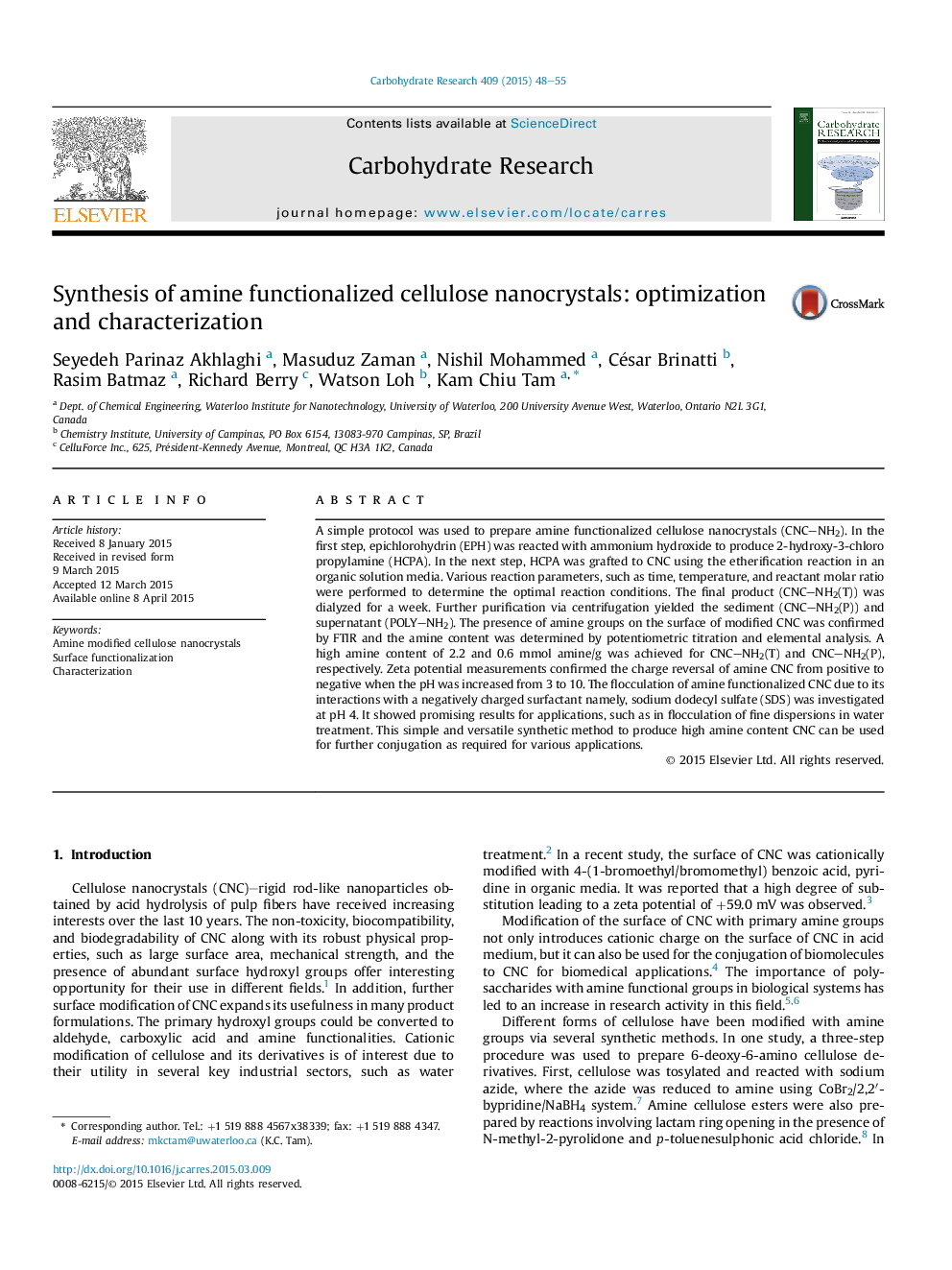 Synthesis of amine functionalized cellulose nanocrystals: optimization and characterization