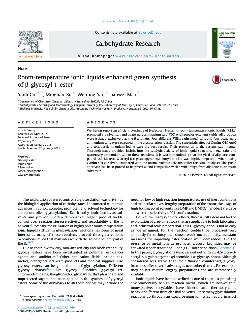 Room-temperature ionic liquids enhanced green synthesis of β-glycosyl 1-ester