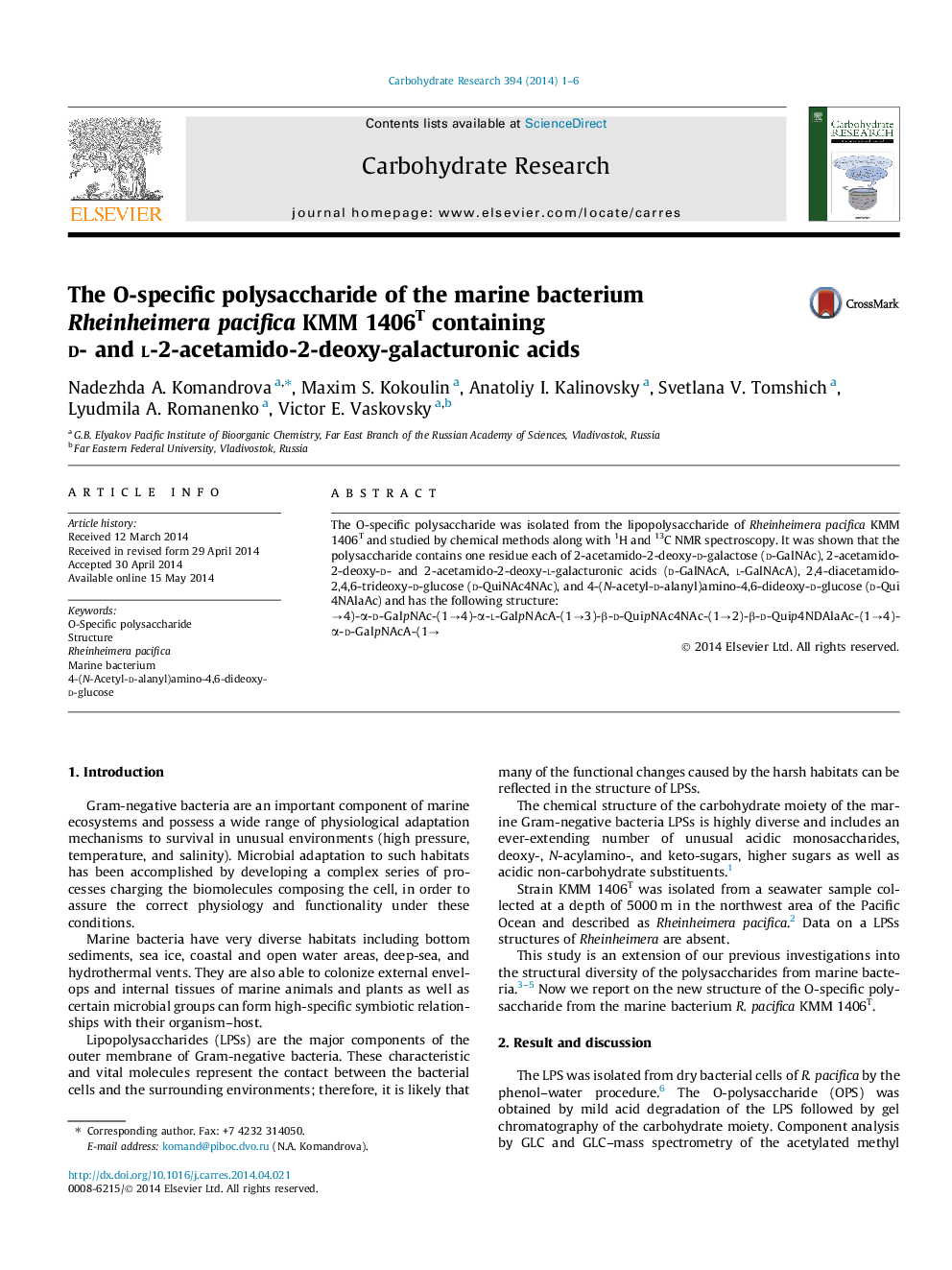 The O-specific polysaccharide of the marine bacterium Rheinheimera pacifica KММ 1406T containing d- and l-2-acetamido-2-deoxy-galacturonic acids