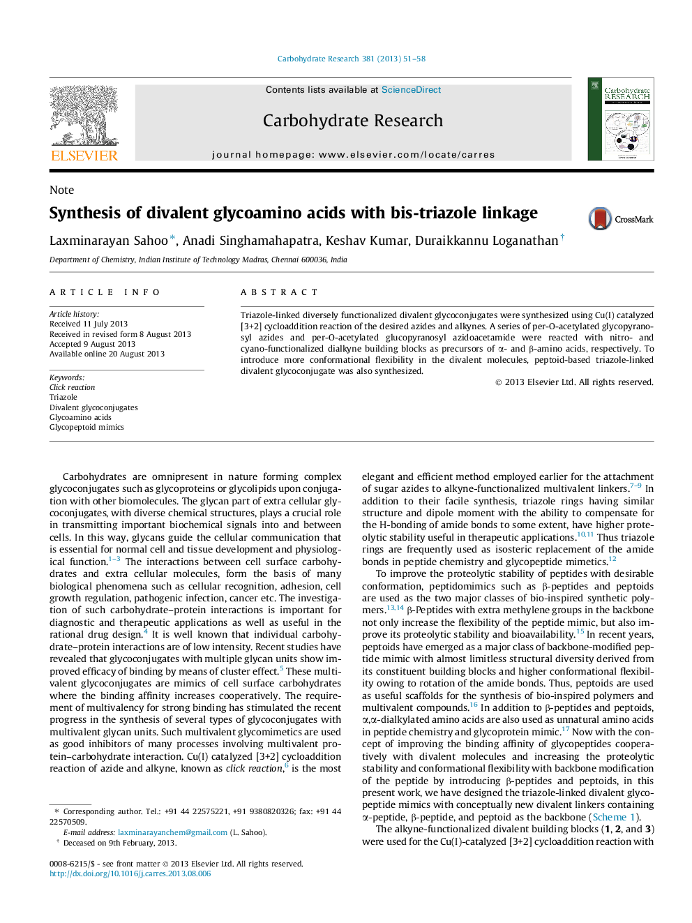 Synthesis of divalent glycoamino acids with bis-triazole linkage