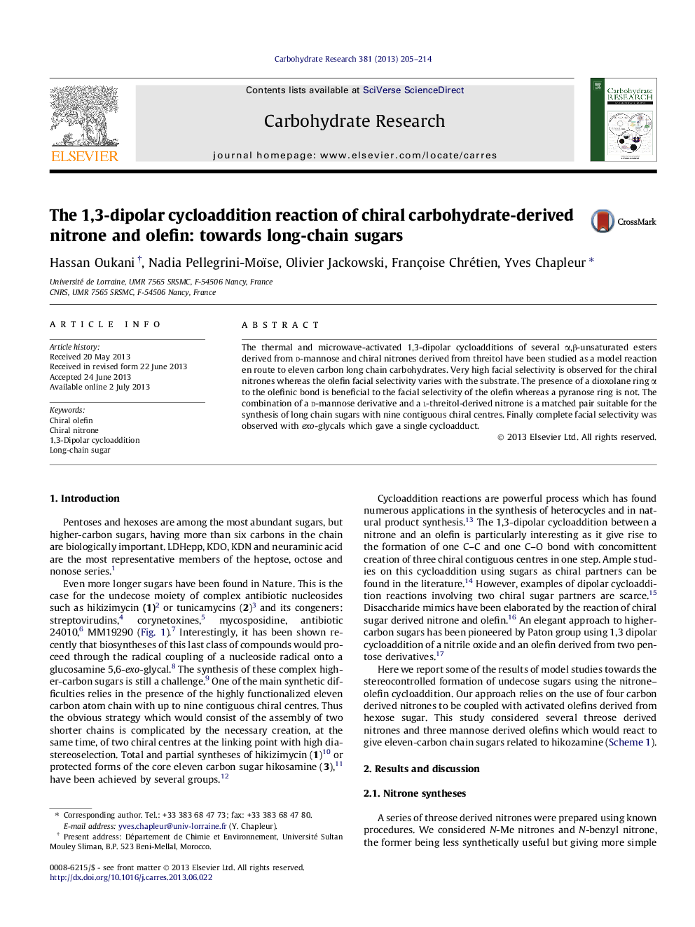 The 1,3-dipolar cycloaddition reaction of chiral carbohydrate-derived nitrone and olefin: towards long-chain sugars