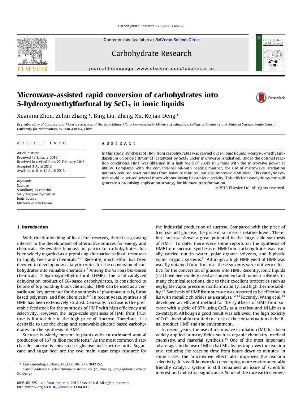 Microwave-assisted rapid conversion of carbohydrates into 5-hydroxymethylfurfural by ScCl3 in ionic liquids