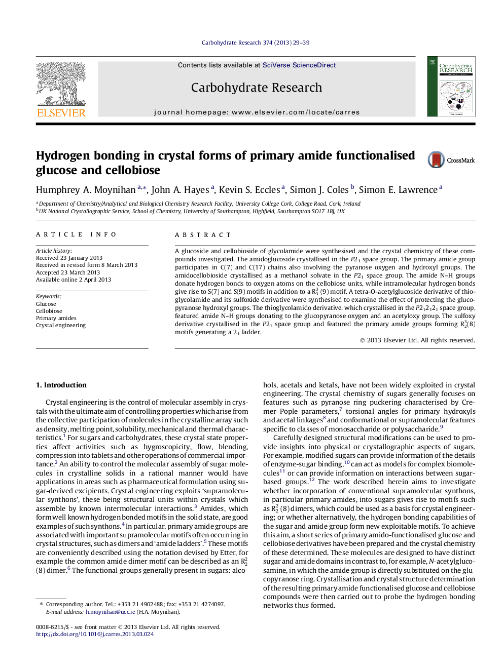 Hydrogen bonding in crystal forms of primary amide functionalised glucose and cellobiose