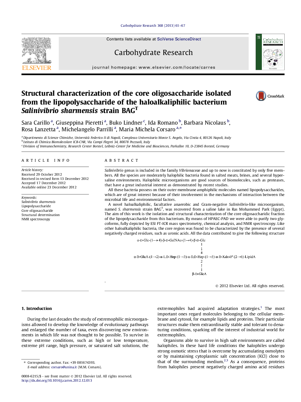 Structural characterization of the core oligosaccharide isolated from the lipopolysaccharide of the haloalkaliphilic bacterium Salinivibrio sharmensis strain BAGT