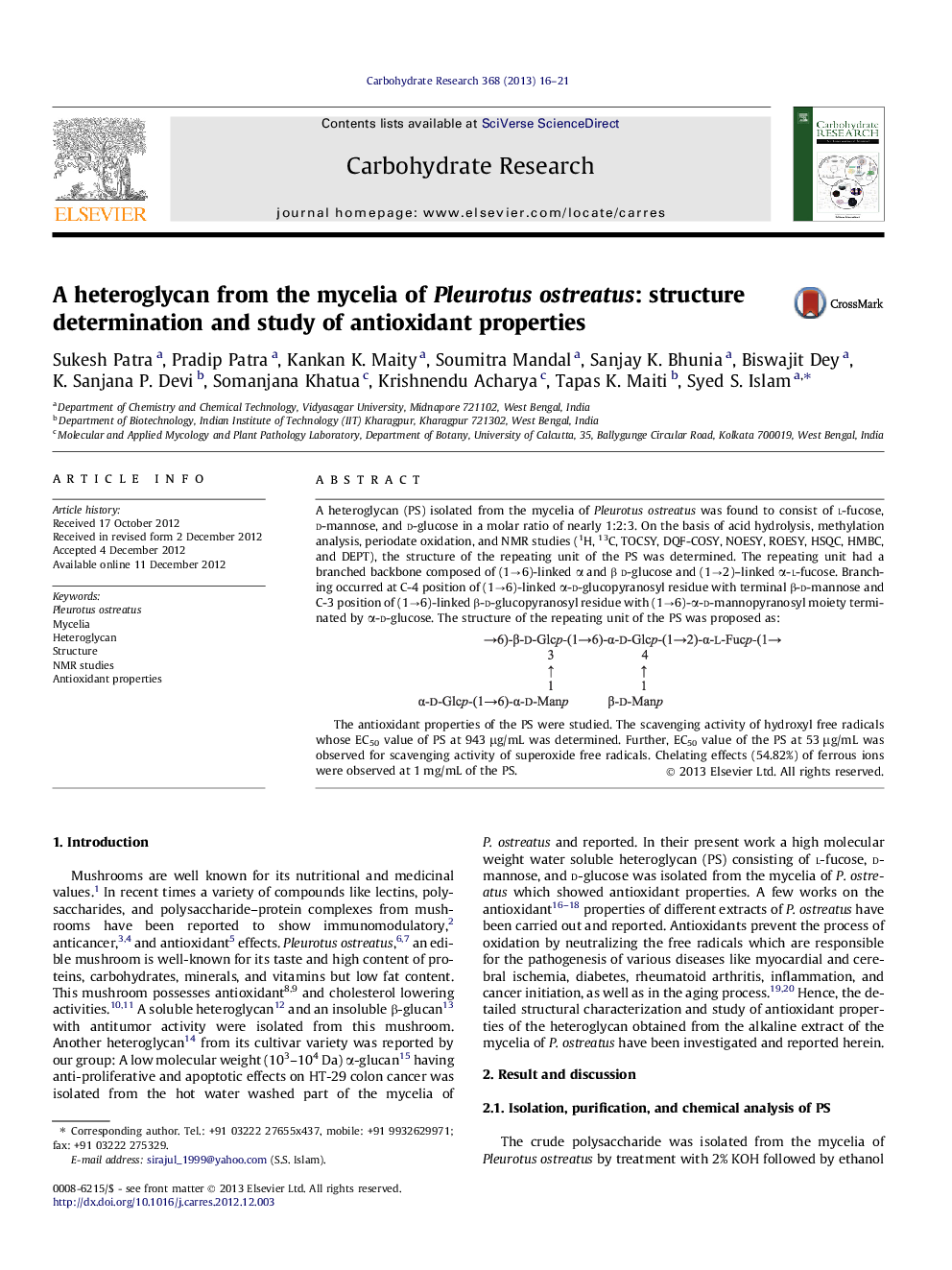 A heteroglycan from the mycelia of Pleurotus ostreatus: structure determination and study of antioxidant properties