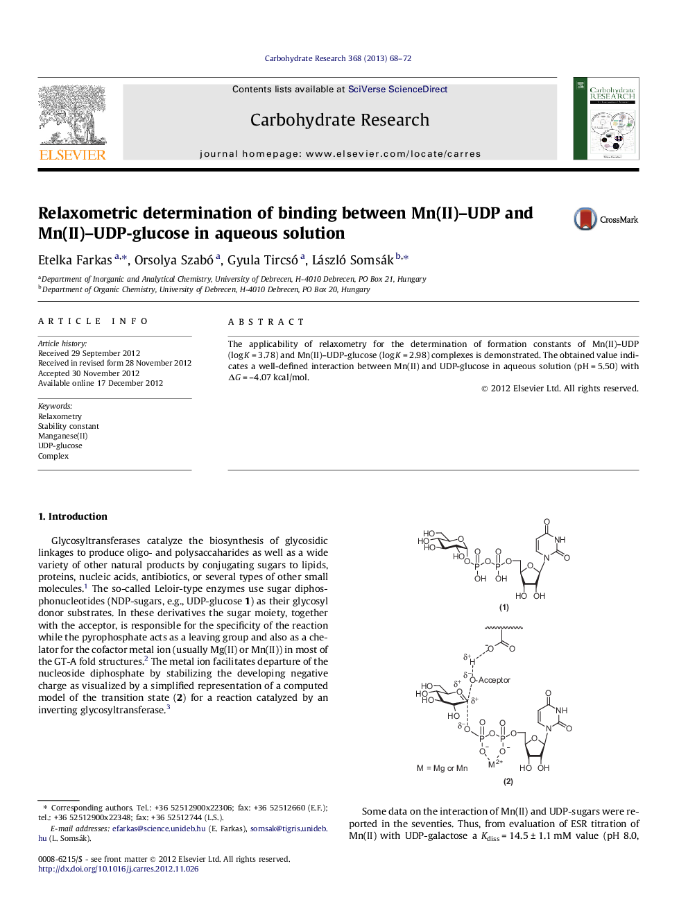 Relaxometric determination of binding between Mn(II)-UDP and Mn(II)-UDP-glucose in aqueous solution