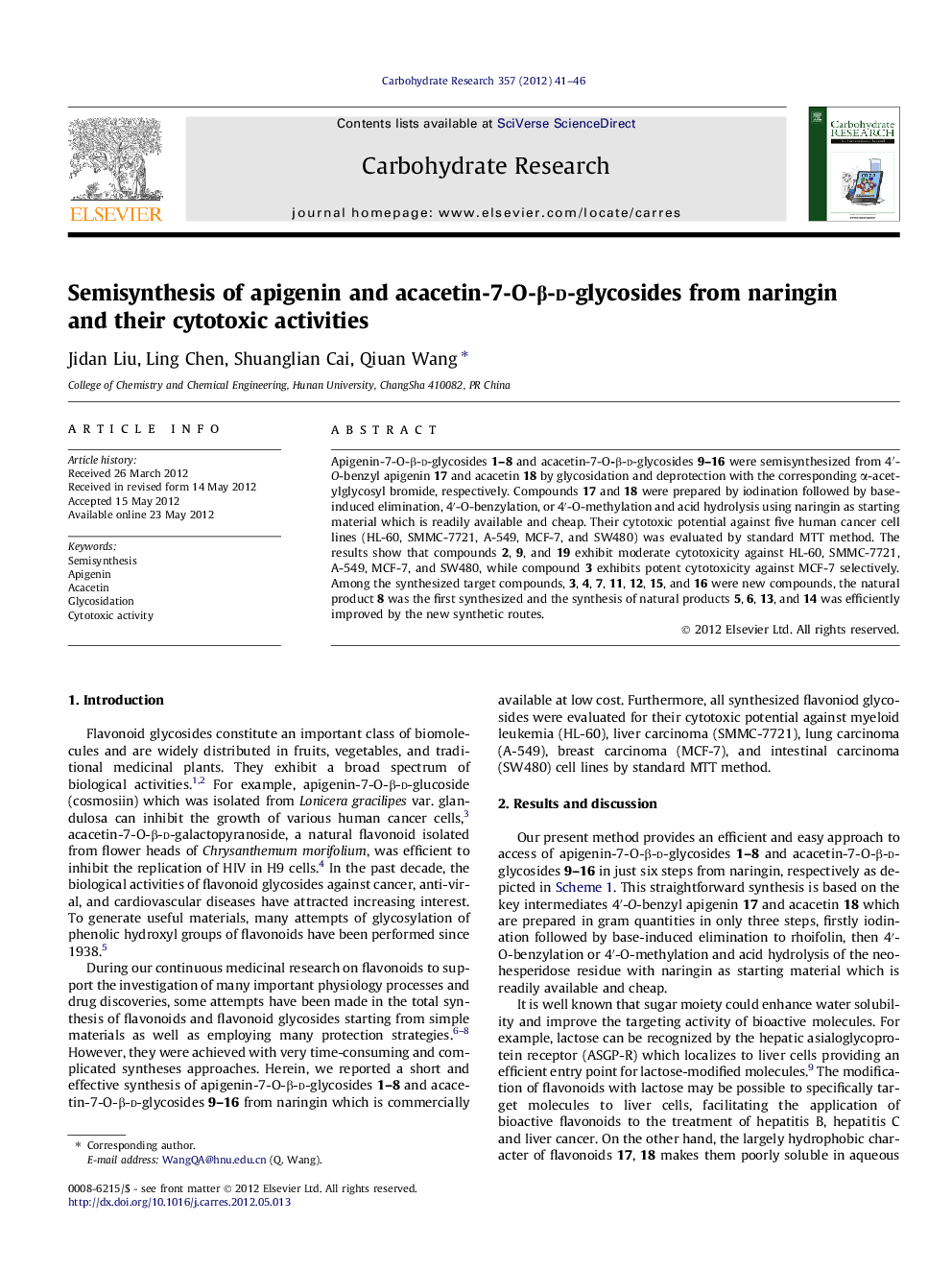 Semisynthesis of apigenin and acacetin-7-O-β-d-glycosides from naringin and their cytotoxic activities