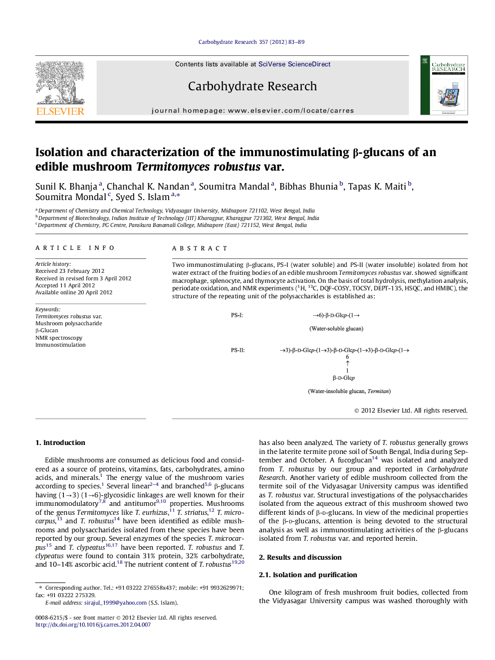 Isolation and characterization of the immunostimulating β-glucans of an edible mushroom Termitomyces robustus var.