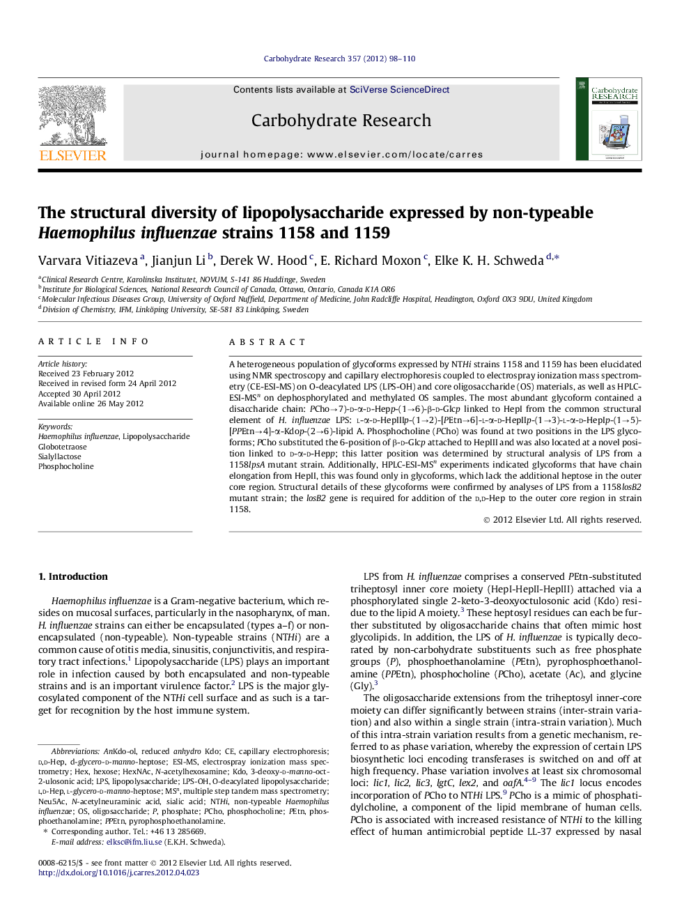 The structural diversity of lipopolysaccharide expressed by non-typeable Haemophilus influenzae strains 1158 and 1159