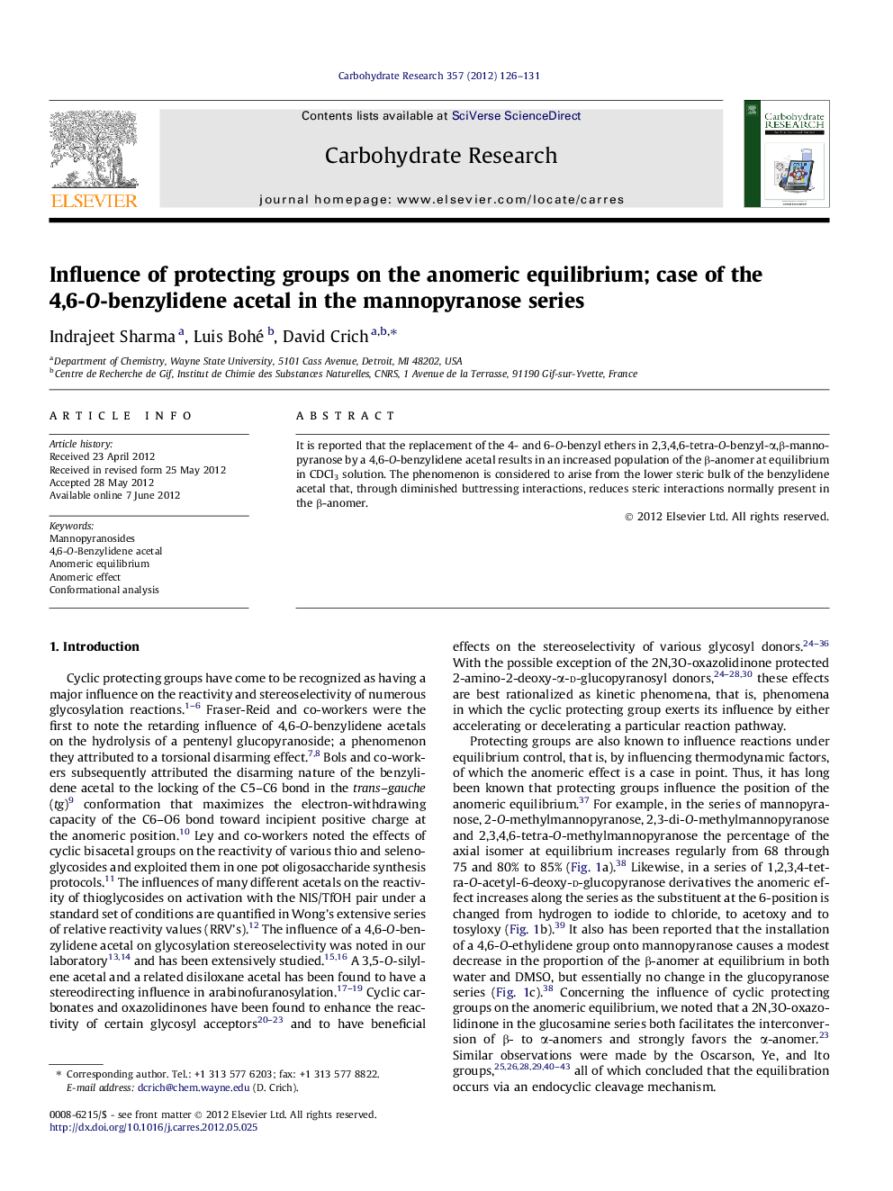 Influence of protecting groups on the anomeric equilibrium; case of the 4,6-O-benzylidene acetal in the mannopyranose series