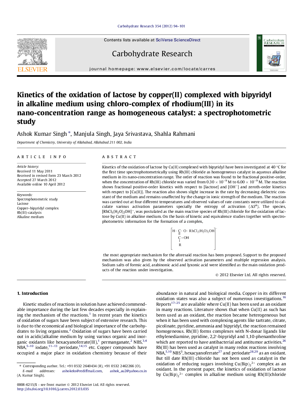 Kinetics of the oxidation of lactose by copper(II) complexed with bipyridyl in alkaline medium using chloro-complex of rhodium(III) in its nano-concentration range as homogeneous catalyst: a spectrophotometric study