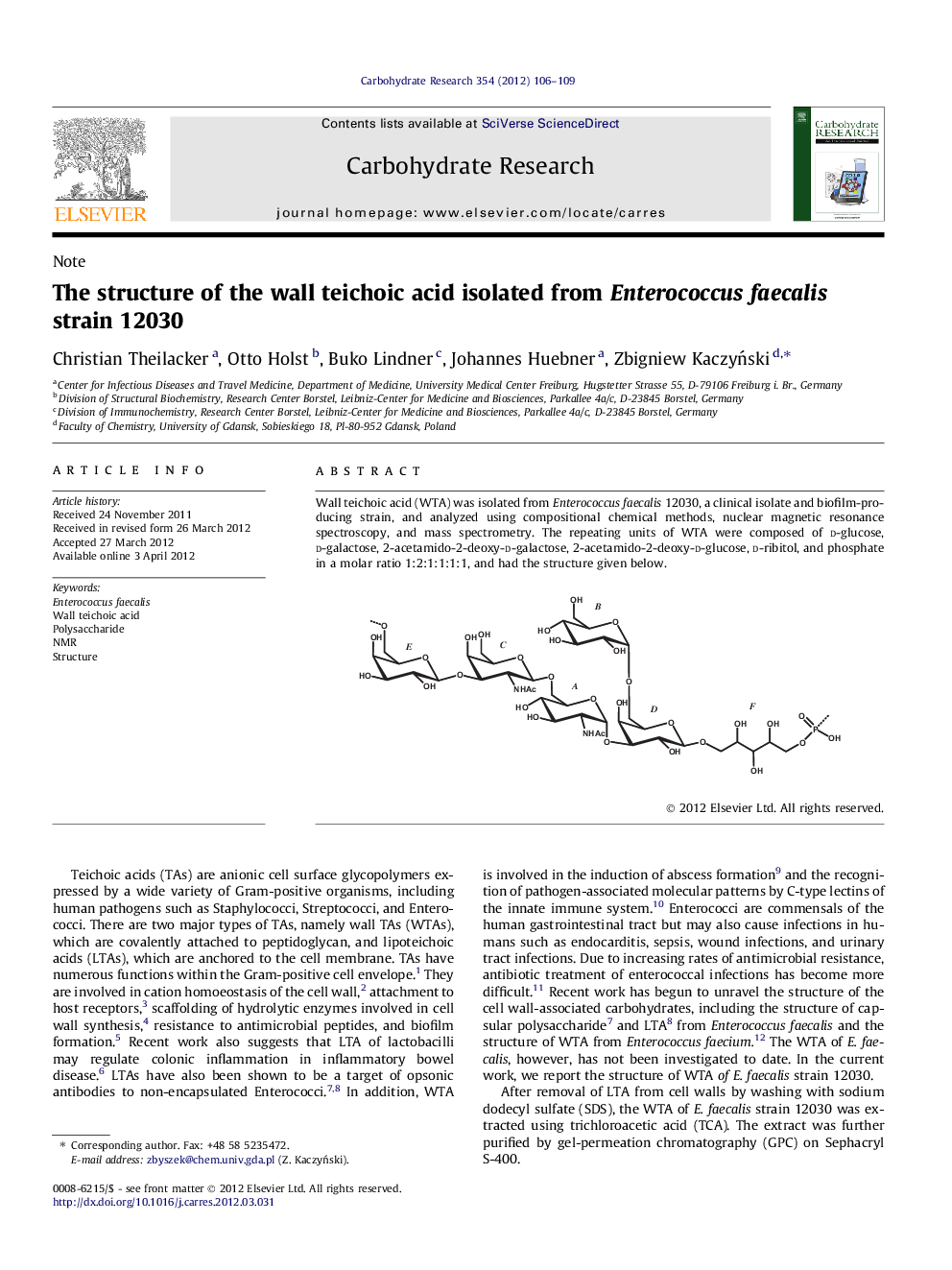 عکس صفحه اول مقاله: The structure of the wall teichoic acid isolated from Enterococcus faecalis strain 12030 The structure of the wall teichoic acid isolated from Enterococcus faecalis strain 12030