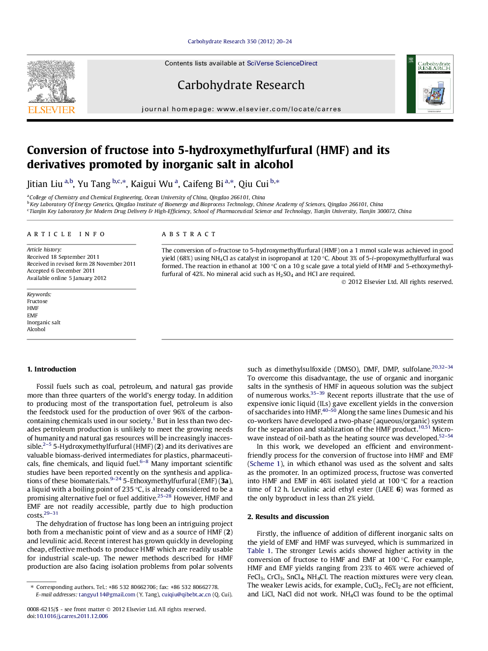 عکس صفحه اول مقاله: Conversion of fructose into 5-hydroxymethylfurfural (HMF) and its derivatives promoted by inorganic salt in alcohol Conversion of fructose into 5-hydroxymethylfurfural (HMF) and its derivatives promoted by inorganic salt in alcohol