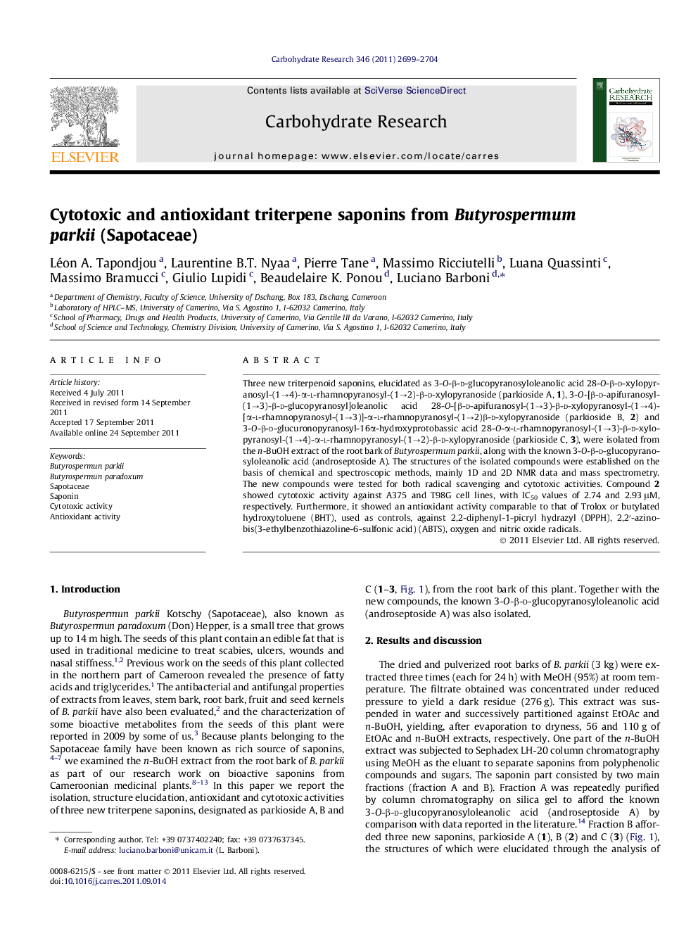 Cytotoxic and antioxidant triterpene saponins from Butyrospermum parkii (Sapotaceae)